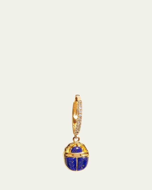 14k Yellow Gold Lapis Lazuli Diamond Inlay Scarab Huggie Hoop Earring